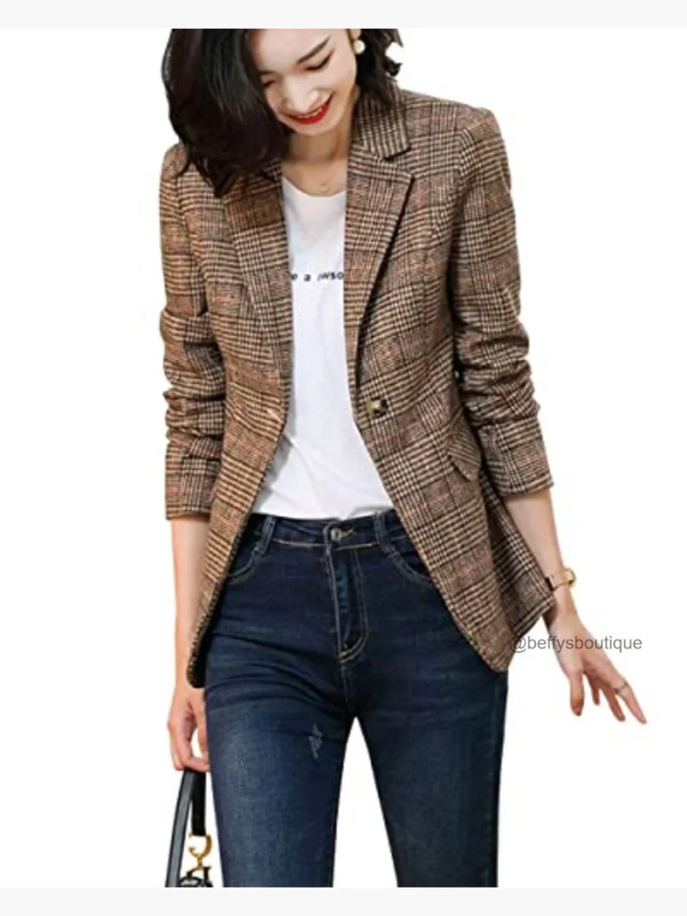 Notch Lapel 2 Button Boyfriend Blazer Suit Houndstooth Plaid Jacket Coat - Picture 3 of 6